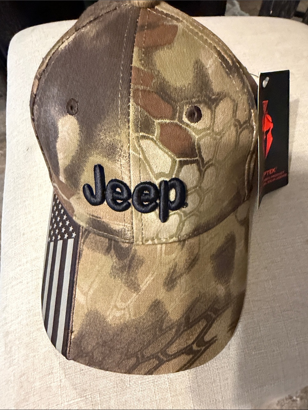Jeep Camo Hat with Black Logo and American Flag Accent